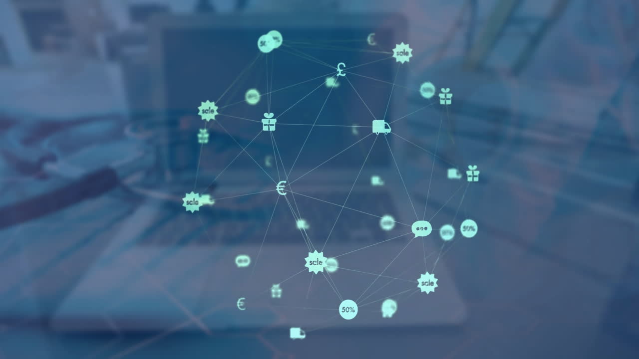 animación de la computadora portátil y la red de conexiones con iconos a través del estetoscopio