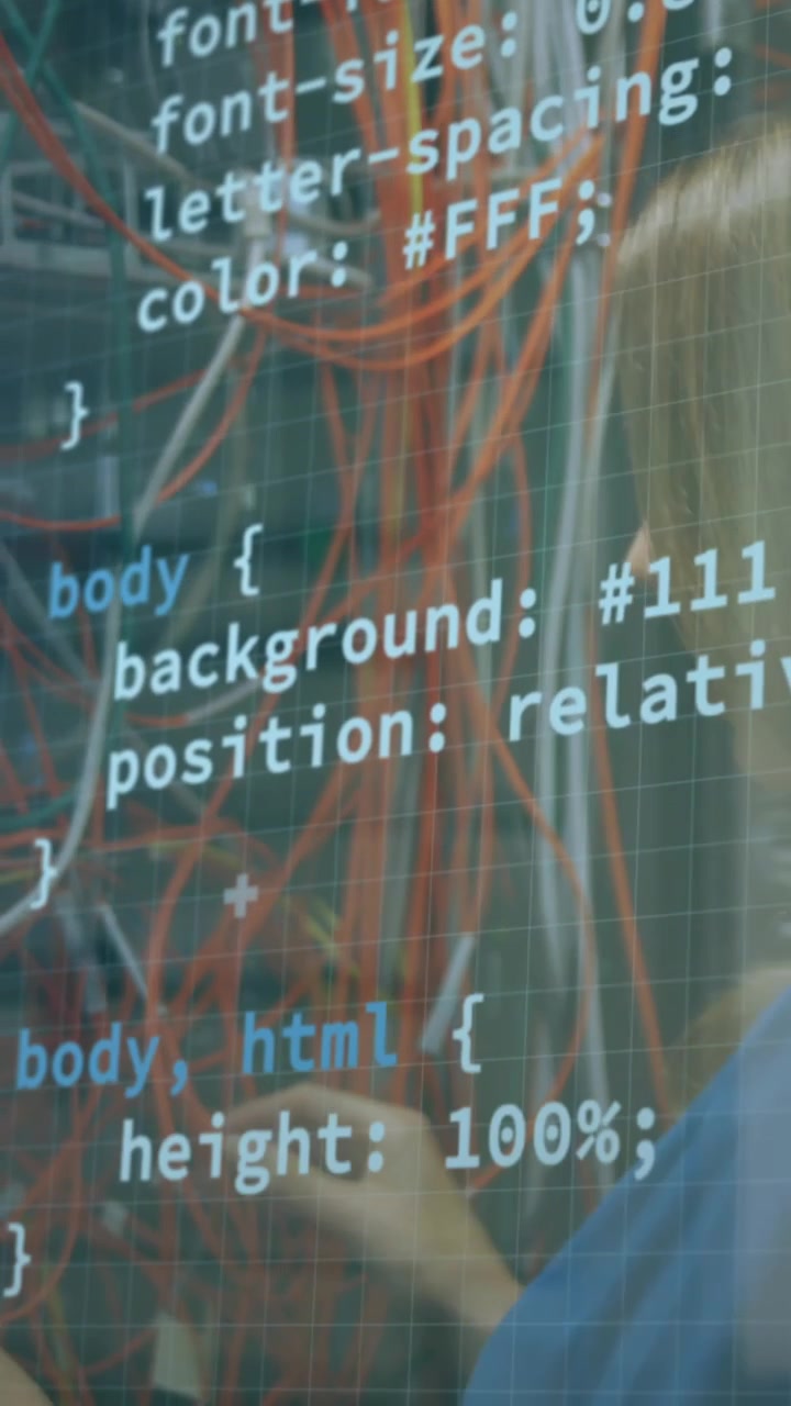 Animation of interface with data processing over caucasian female engineer working at server room