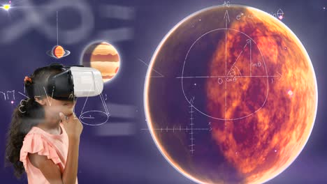 mathematical equations floating over girl using vr headset against solar system