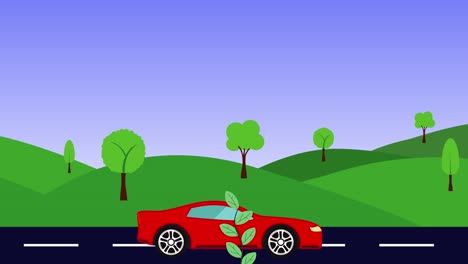 animación del paisaje de la naturaleza de las colinas, coche corriendo en la carretera, diseño plano, bucle sin costuras
