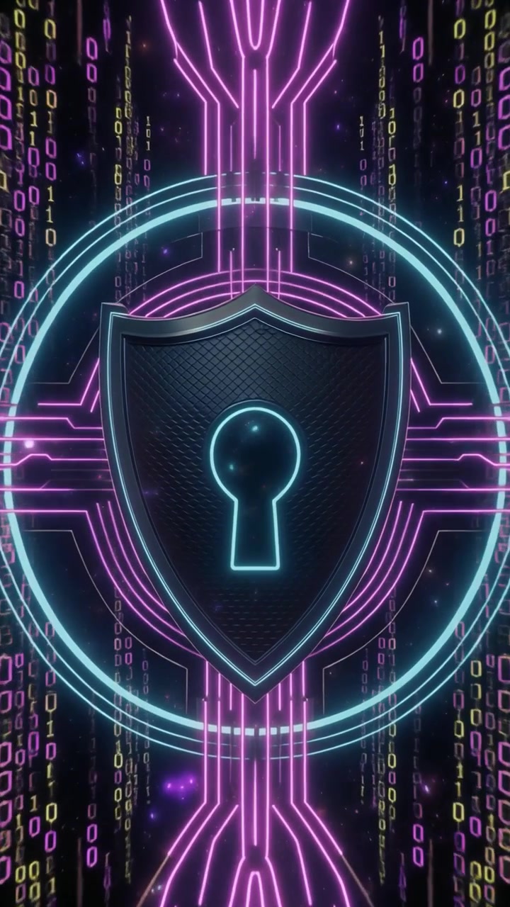 Cyber Security Shield with Glowing Digital Binary Code Background