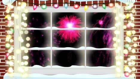 Animation-of-window-with-christmas-lights-and-pink-fireworks-exploding-in-night-sky