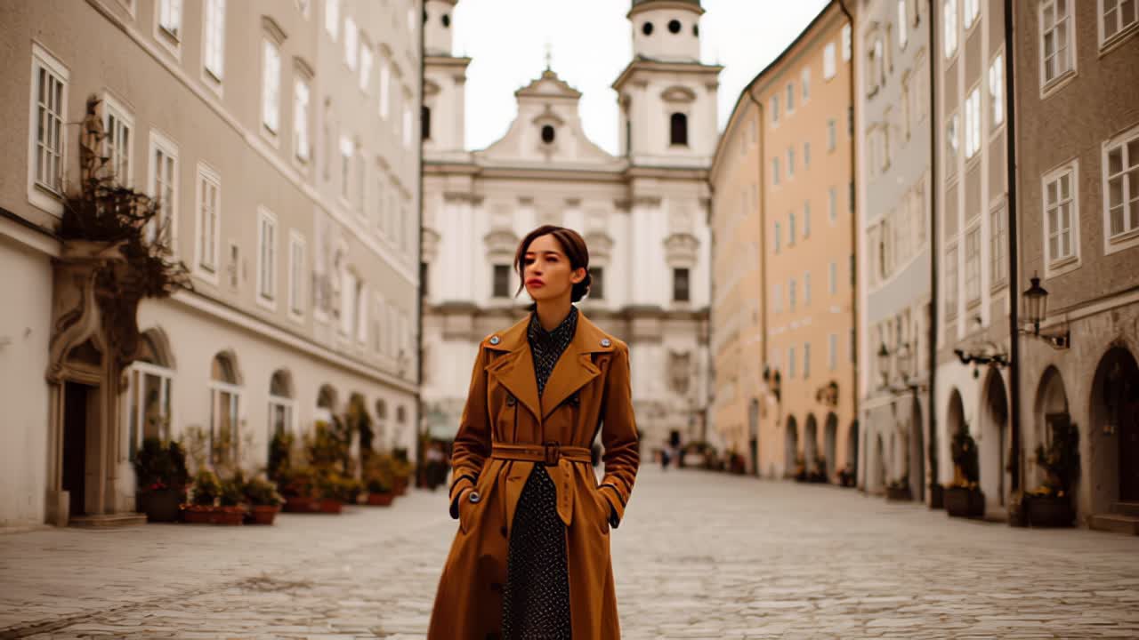 Riprese cinematografiche di una giovane donna con un trench marrone che cammina da sola su una strada acciottolata tra edifici storici in un centro storico europeo, di giorno.