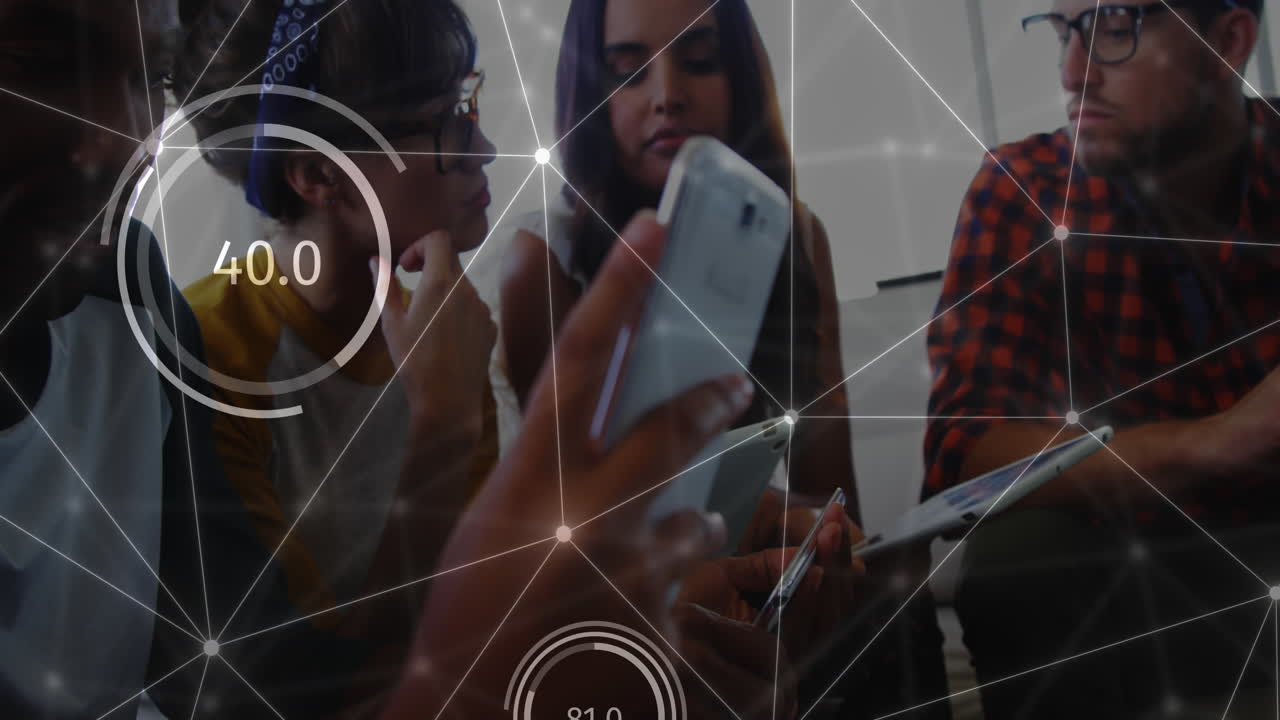 Animation of data and network of connections over diverse businesspeople using tablets