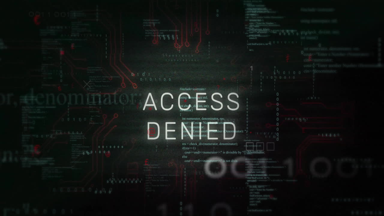 Animation of access denied text over processing data and charts on interface