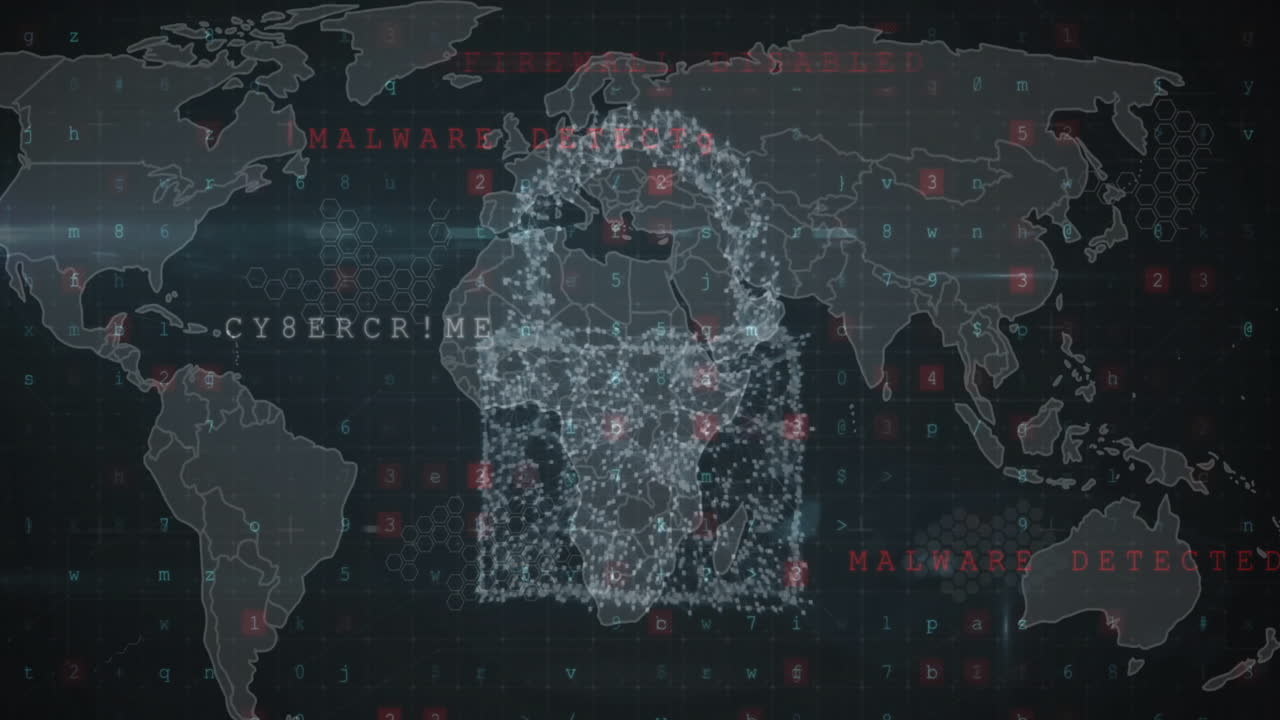animación del candado, procesamiento de datos digitales y mapa del mundo sobre un fondo oscuro