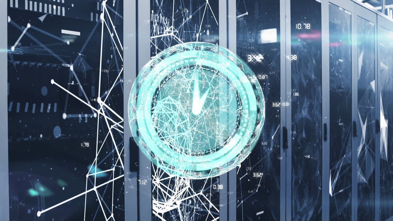 지구의 애니메이션, 빠르게 움직이는 시계 및 컴퓨터 서버를 통한 데이터 처리