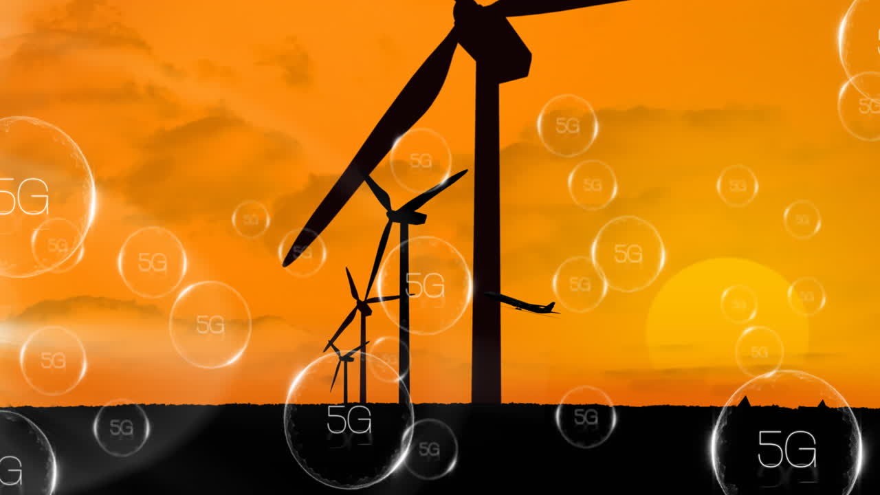 비행기와 함께 5g 텍스트와 풍력 터빈의 애니메이션