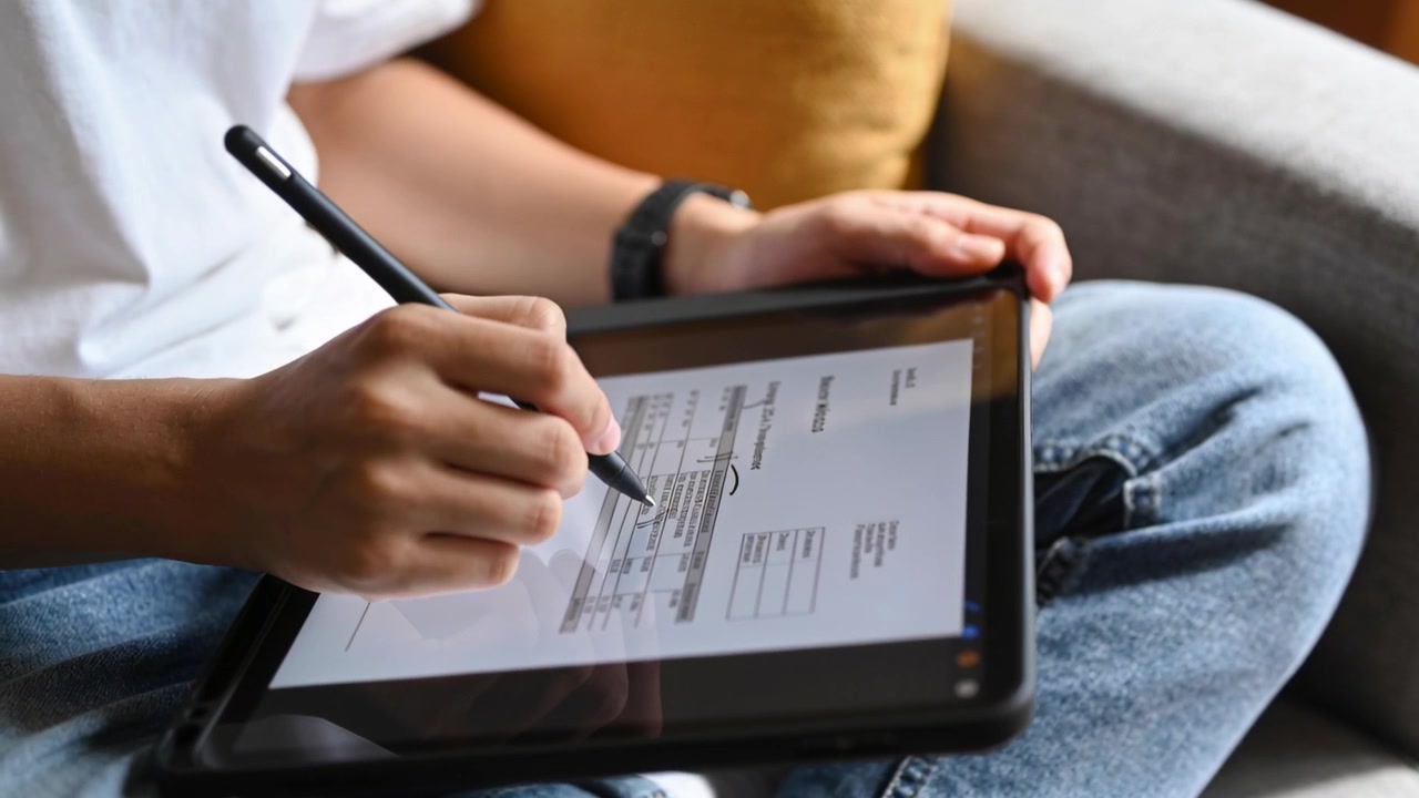 Annotating user holding tablet on sofa, stylus poised, marking form fields, wearing jeans and watch