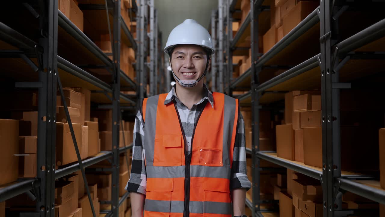 ingeniero masculino asiático con casco de seguridad sonriendo a la cámara mientras está de pie en el almacén con estantes llenos de mercancías de entrega