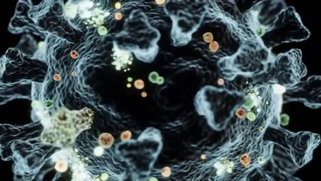 detailed close-up of a virus, showcasing complex structure and colorful particles highlighting various components within the microscopic world