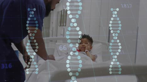 Animation-Von-DNA-Strängen-Und-Daten-über-Einen-Afroamerikanischen-Arzt-Und-Einen-Jungen-Patienten-Im-Krankenhausbett