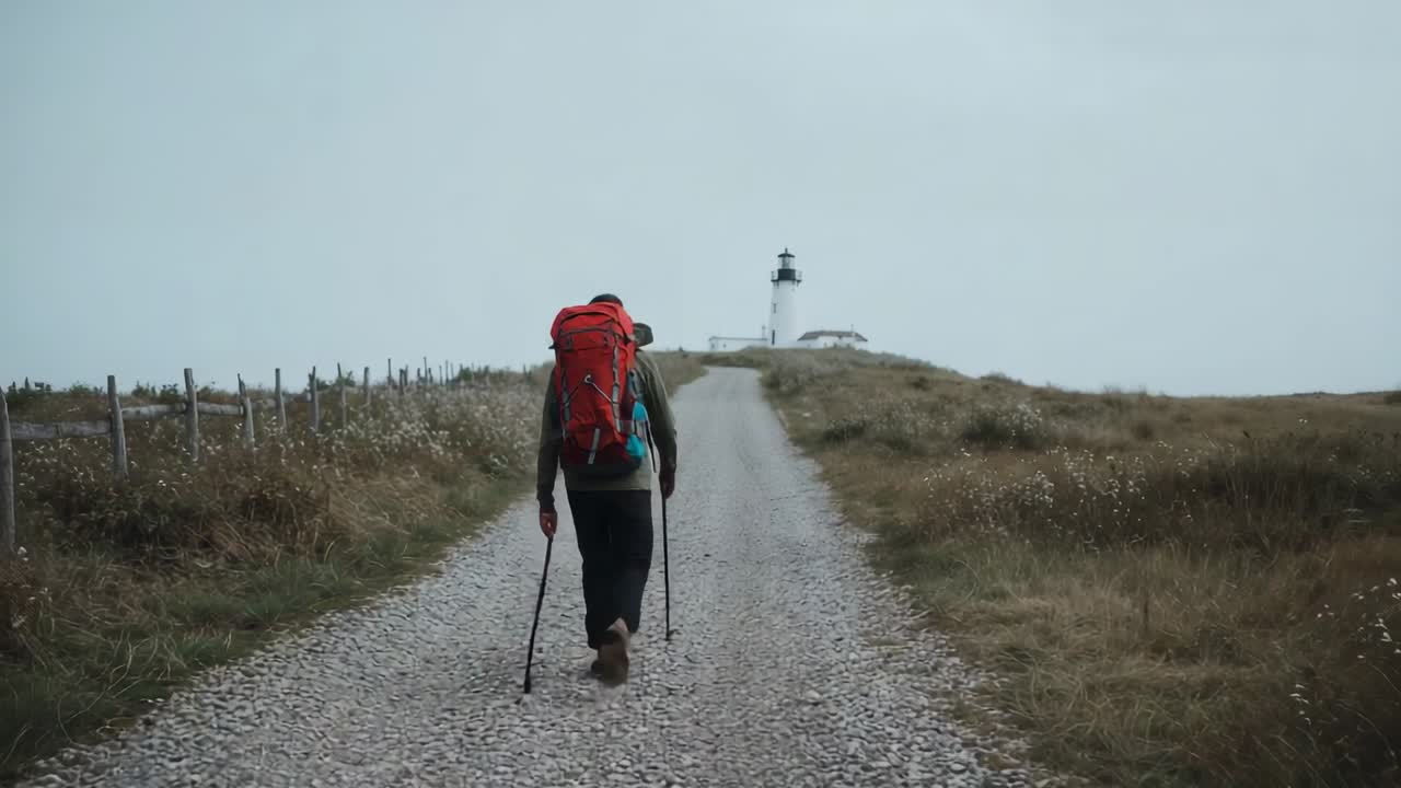 Wandernder Wanderer in Jacke mit rotem Pack und blaugrüner Flasche, der auf einem Schotterweg zum Leuchtturm Stöcke benutzt