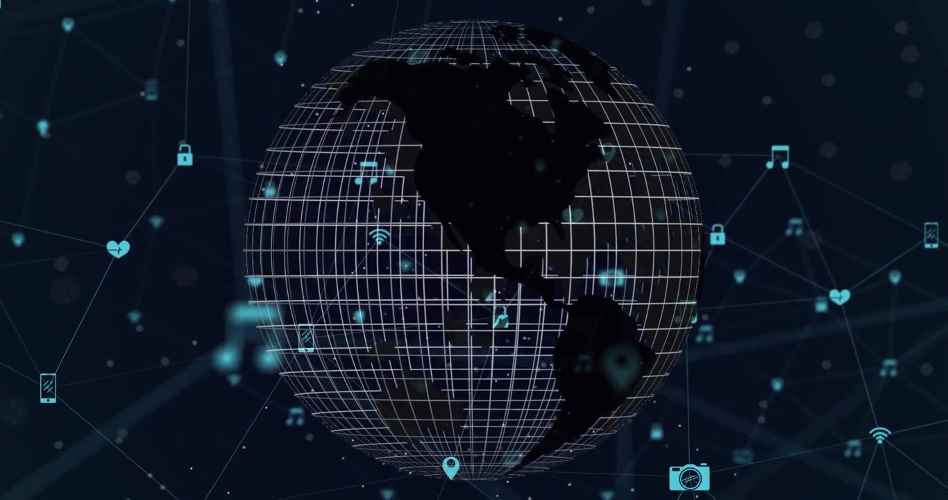 Globo wireframe che si focalizza, ruotando mentre icone di dati appaiono e si collegano per mostrare un aumento della rete.