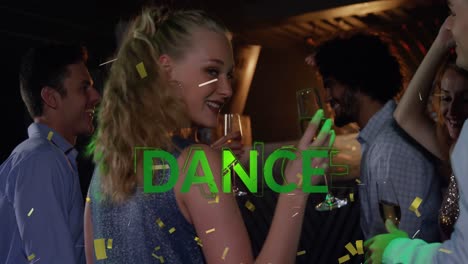 animation of dance text over diverse friends dancing at party