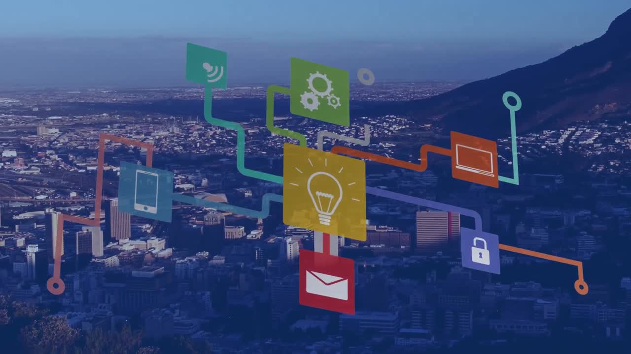 여러 디지털 아이콘의 네트워크를 도시 풍경의 공중 전망에 맞추고