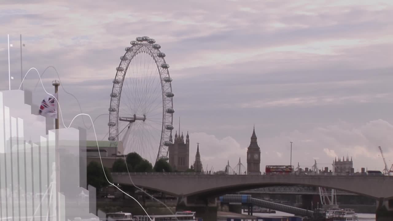 런던 시내 풍경에서 금융 데이터 처리의 애니메이션