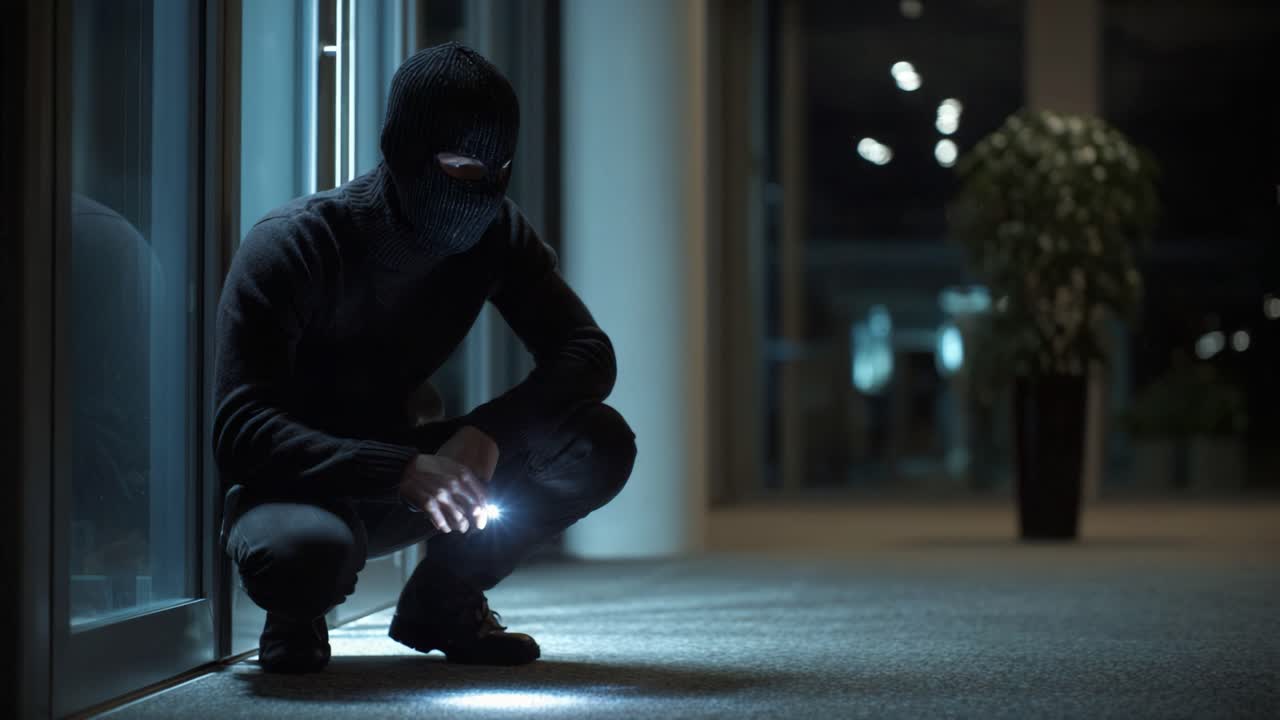 Una figura furtiva in un corridoio buio, illuminata solo da una torcia, che evoca suspense e attesa in un'ambientazione misteriosa