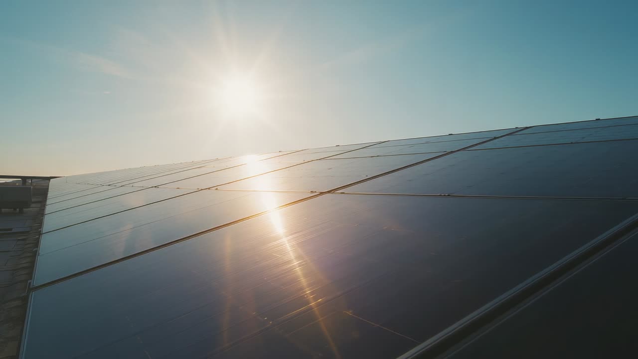 Responding to rising sun, camera panning across solar panel array at solar farm showing lens flare