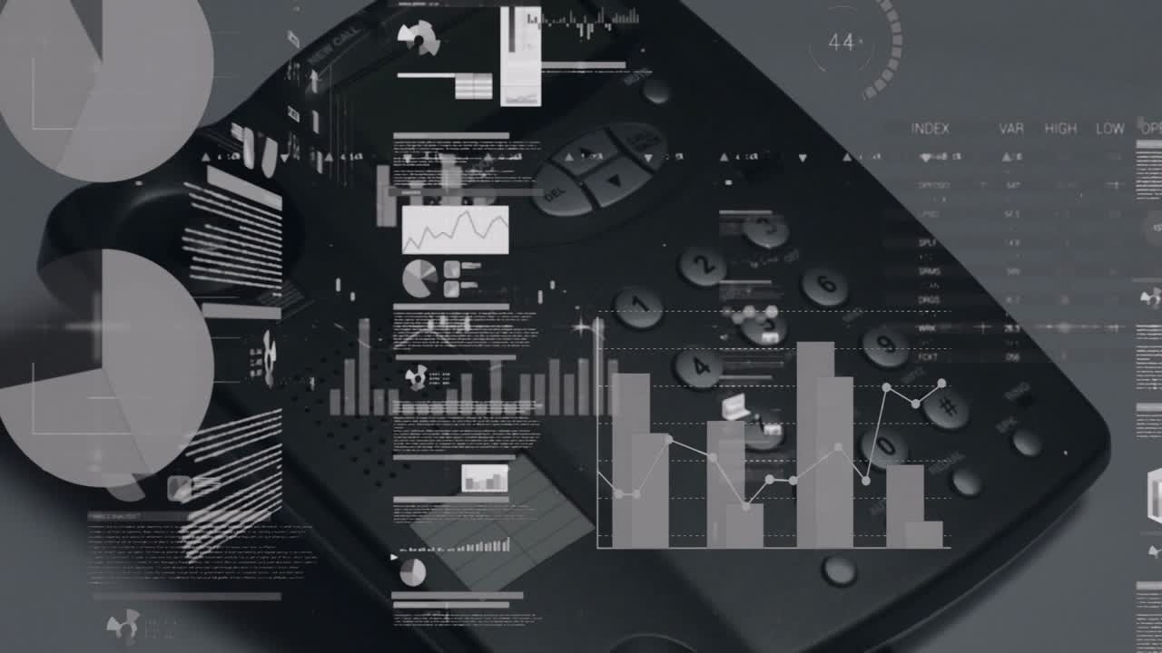 Single adult hand pressing phone keypad and animating HUD charts while updating business analytics