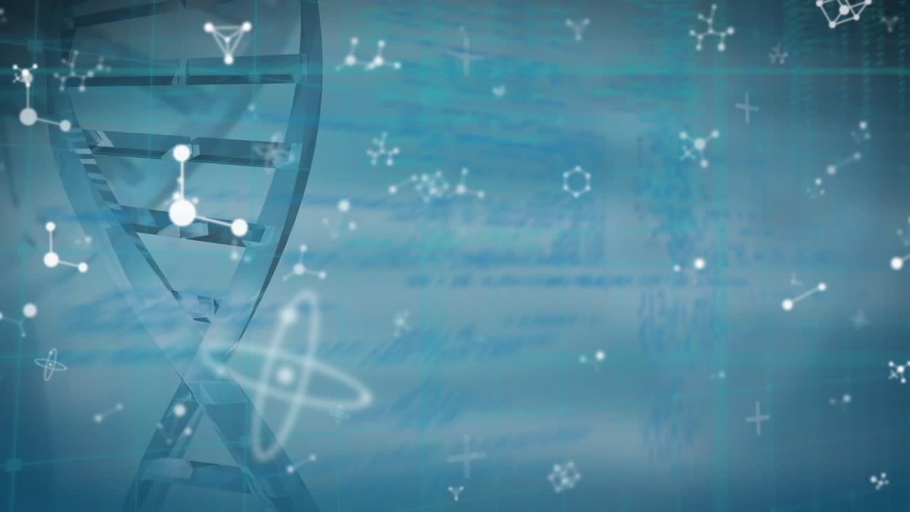 Animation of falling molecules over data processing and dna strand