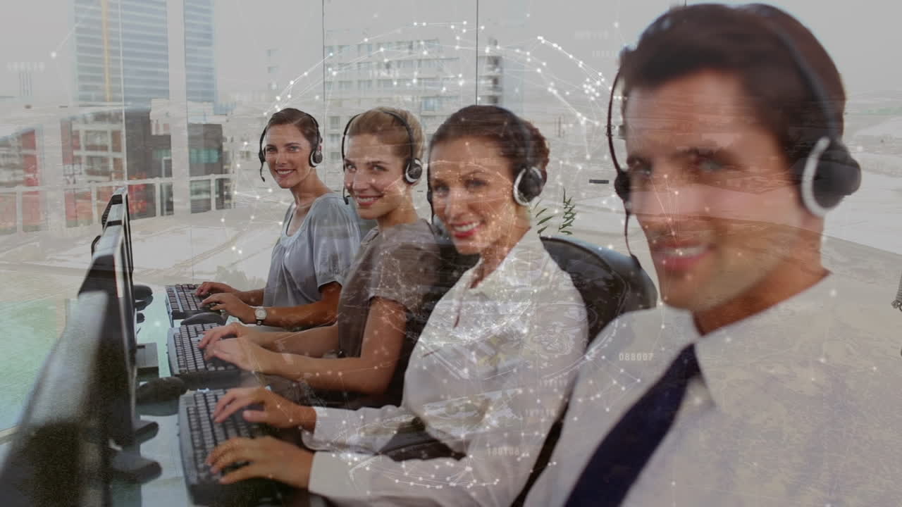 전화 헤드 ⁇  을 사용하는 사업가 들 의 전 세계 에 대한 애니메이션