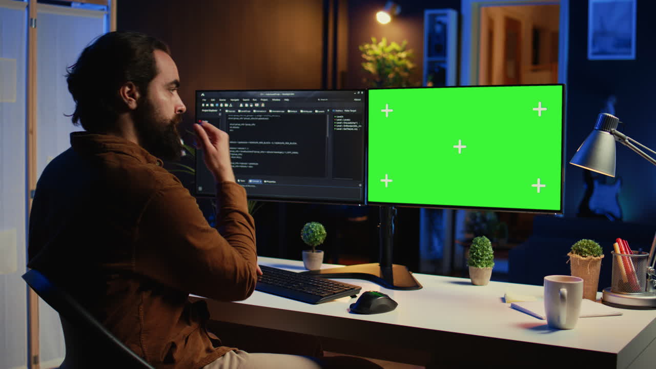 Programmer typing complex code on green screen computer in neon lit home office