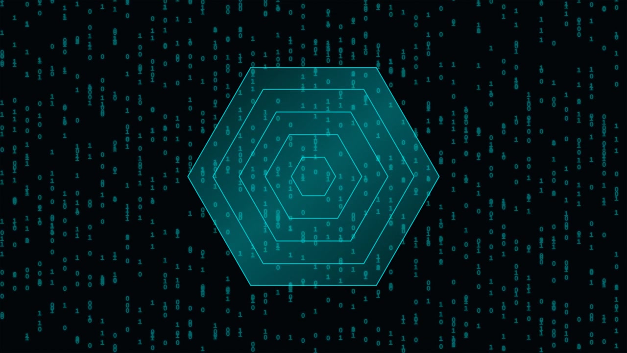 Digital Hexagon Overlay with Falling Binary Code Background