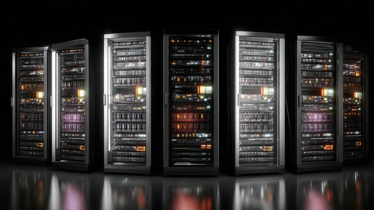 En intrikat opstilling af serverracks oplyst i et mørkt miljø, der viser avanceret teknologi og datalagringsløsninger.