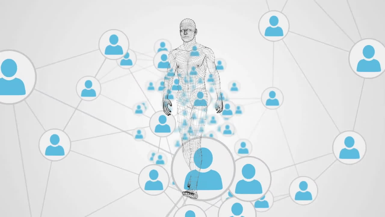 Animation of digital human model over network of connections with icons on white background