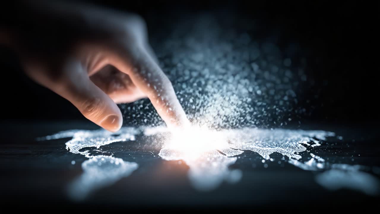 Illuminating the World: A Captivating Exploration of Digital Mapping as a Hand Interacts with an Enigmatic, Sparkling Topographical Design