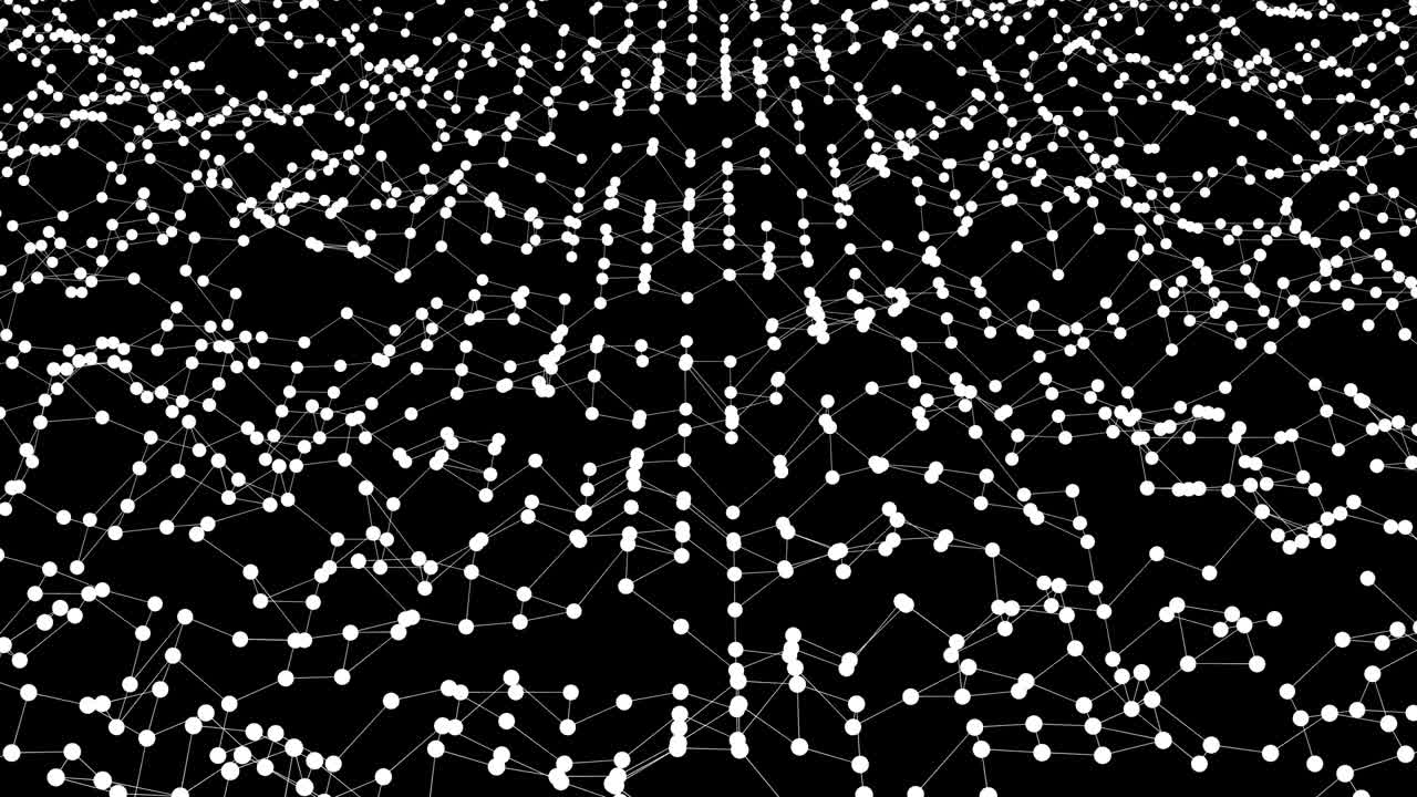 추상적인 미래의 다각형 표면은 검은 바탕에 파동 운동으로 연결된 점들을 가지고 있습니다.