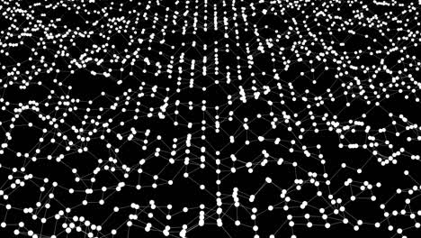 abstract futuristic polygonal surface with conneced dots in wave motion on black background.