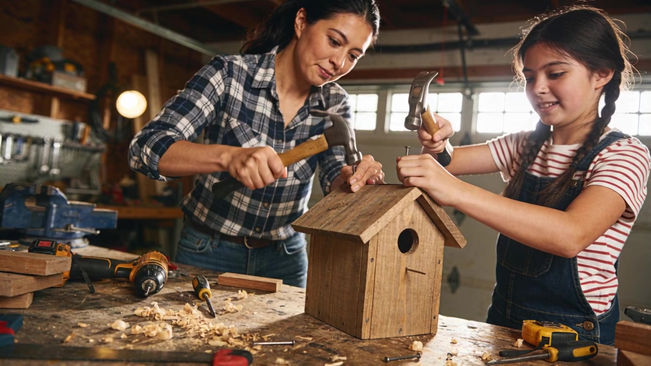 Raising claw hammer, girl hammering as mother steadying, chiseling birdhouse at garage, in plaid