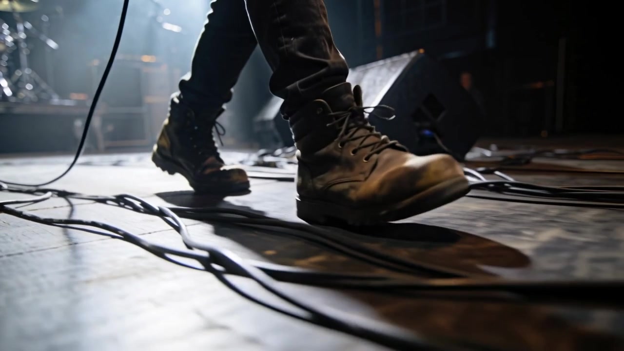 Luci che illuminano un musicista con pantaloni scuri e stivali che attraversa il palco vicino a un monitor da palco, cavi arrotolati
