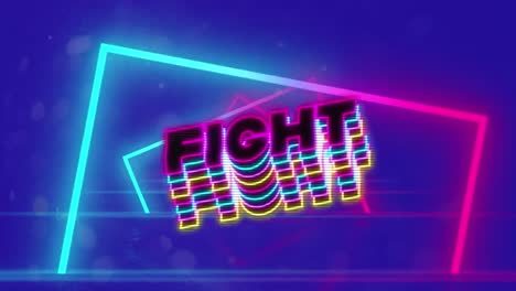 Animation-of-fight-text-over-neon-shapes-on-blue-background