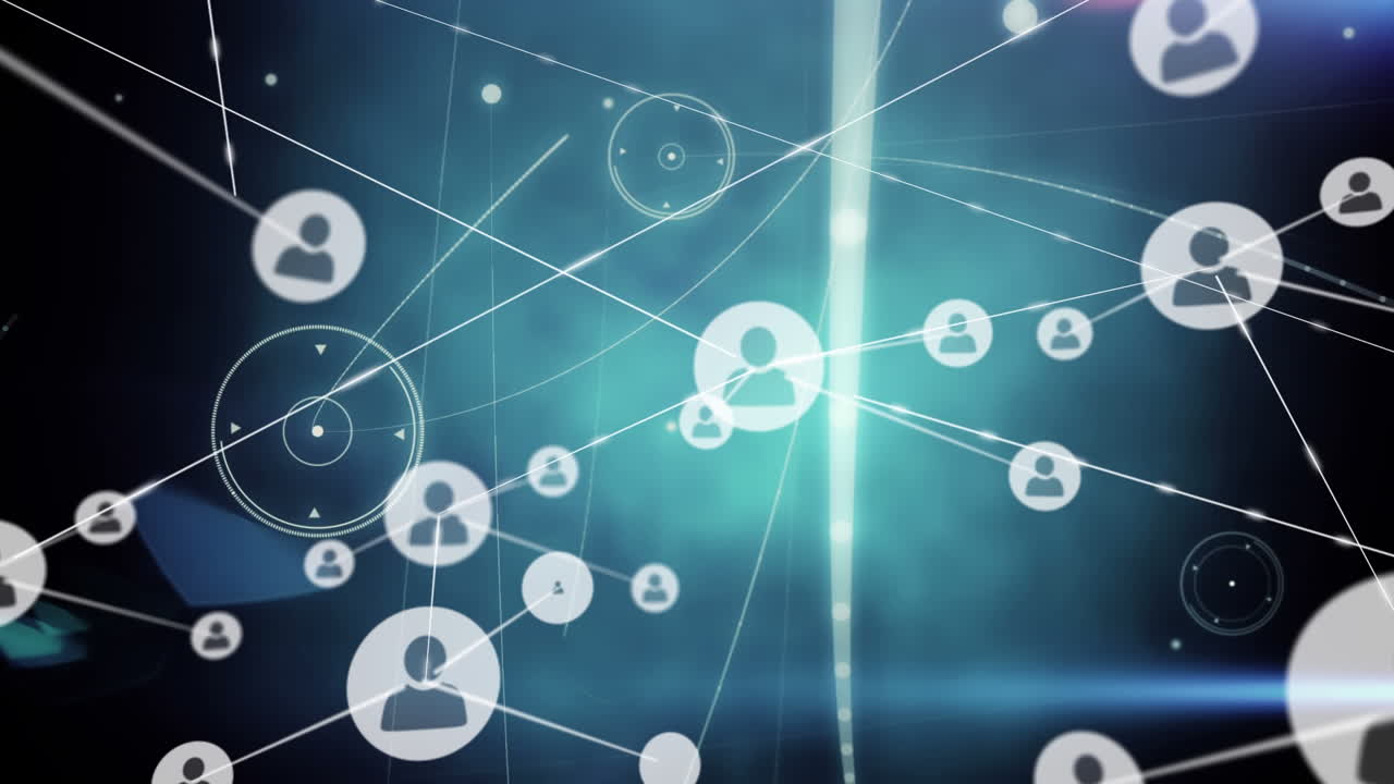 사람들과의 연결 네트워크의 애니메이션 빛나는 반점이 있는 아이콘