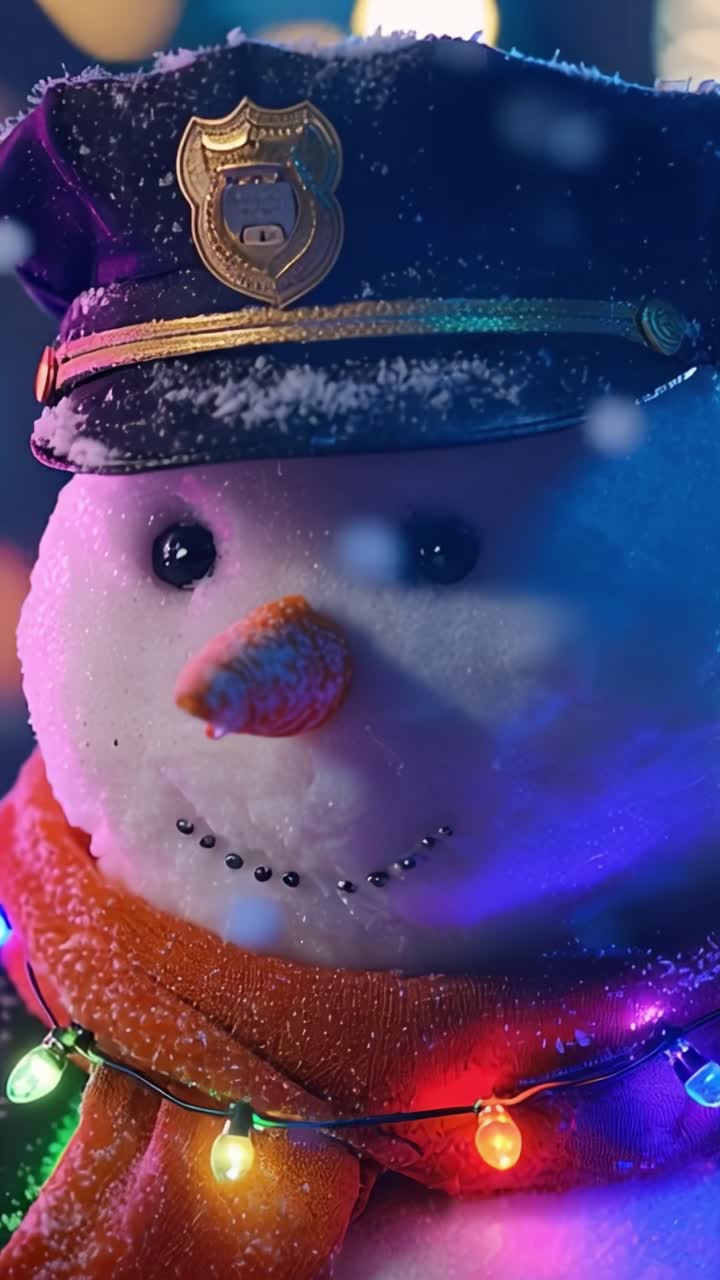 A festive snowman dressed as a police officer, adorned with colorful lights and a vibrant scarf, embodies the holiday spirit in a whimsical winter scene