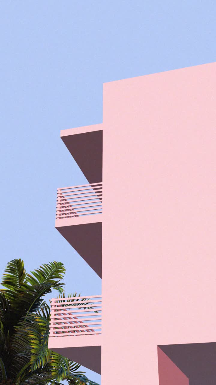 Arquitetura rosa tropical com palmeira e céu azul