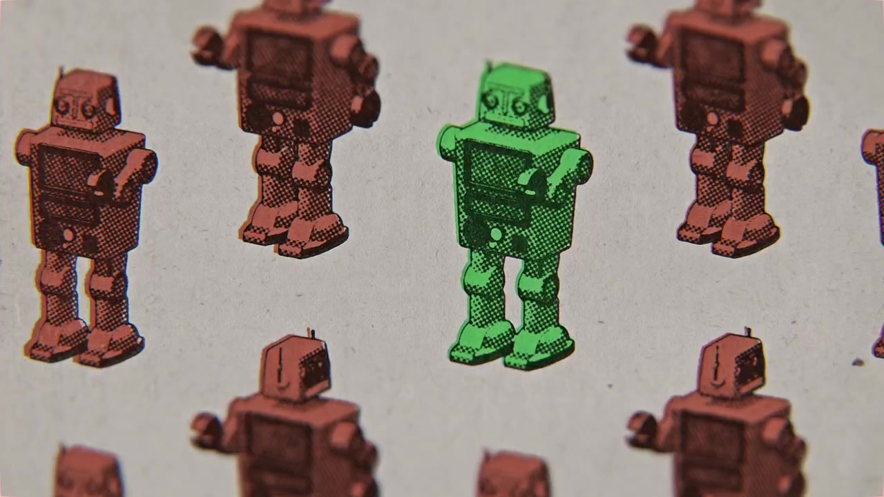 Mönster av retro-leksaksrobotar med en grön robot som rör sig