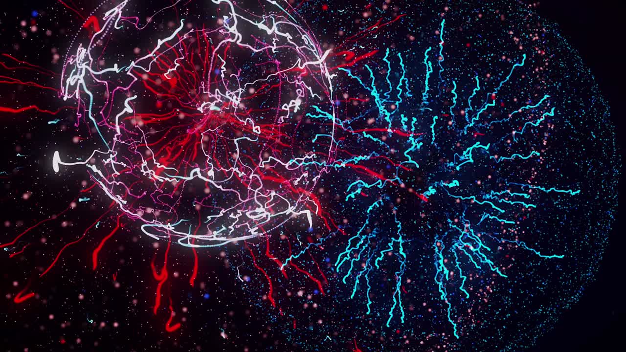 번개 폭발, 검은 바탕에 박이는 빛의 충동, 원활한 루프, 애니메이션, 에너지 폭발, 숨막히는 구와 입자