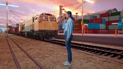 full body side view of asian female with freight cargo train at port, she is speaking with someone in the phone