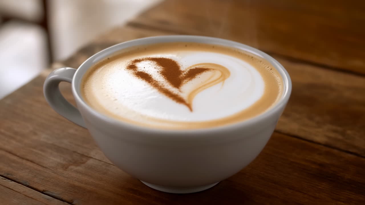 Primo piano di un latte macchiato caldo con decorazione a cuore su tavolo di legno.