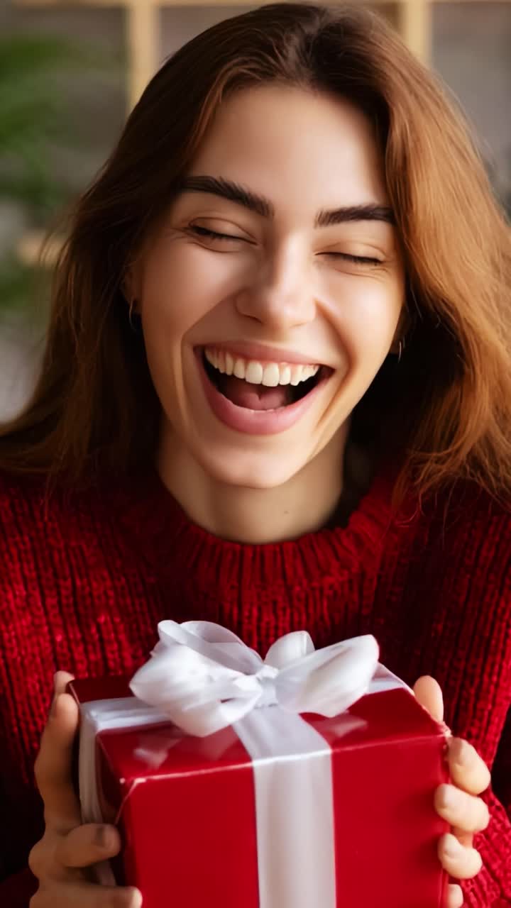 A joyful woman in a festive red sweater holding a beautifully wrapped gift box adorned with a white ribbon, radiating happiness and excitement, capturing the essence of celebration and surprise