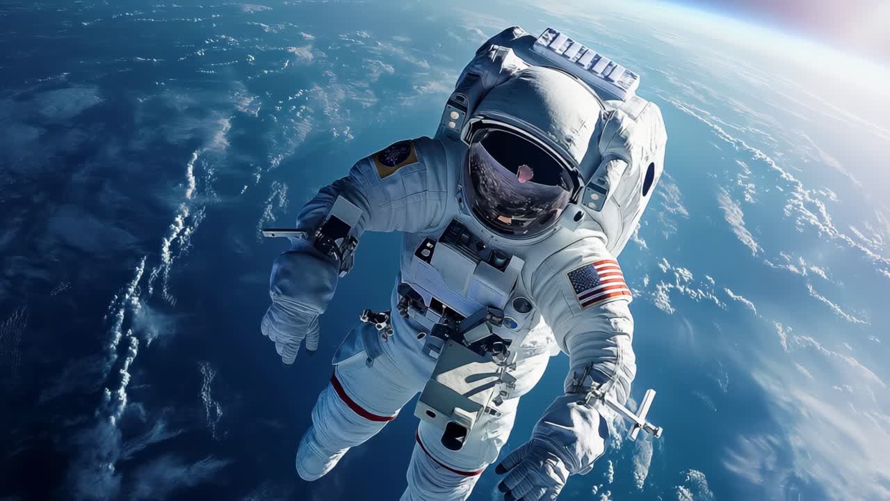 Spacesuited astronaut floating weightlessly during extravehicular mission, drifting against panoramic Earth backdrop revealing planetary curvature and oceanic expanses