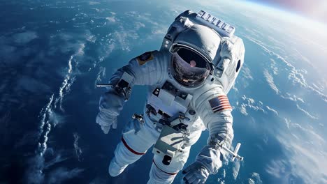 spacesuited astronaut floating weightlessly during extravehicular mission, drifting against panoramic earth backdrop revealing planetary curvature and oceanic expanses