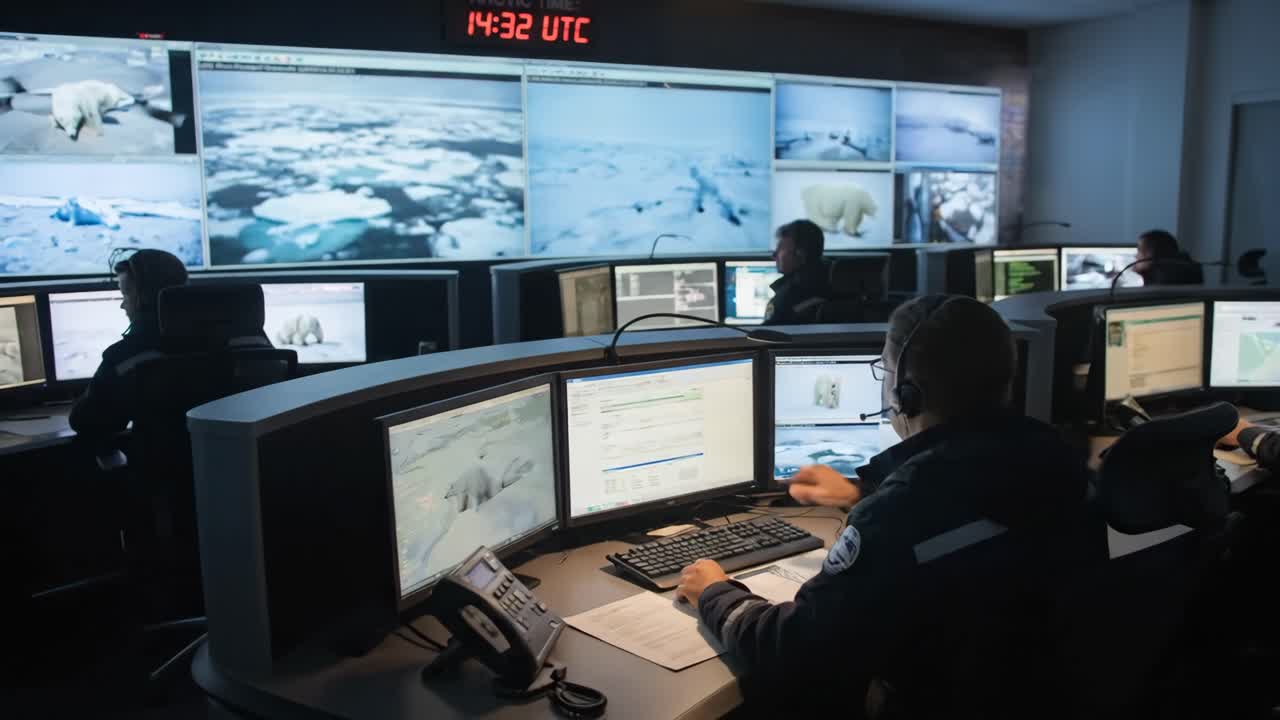 Operators Working in a High-Tech Control Room Monitoring Arctic Data