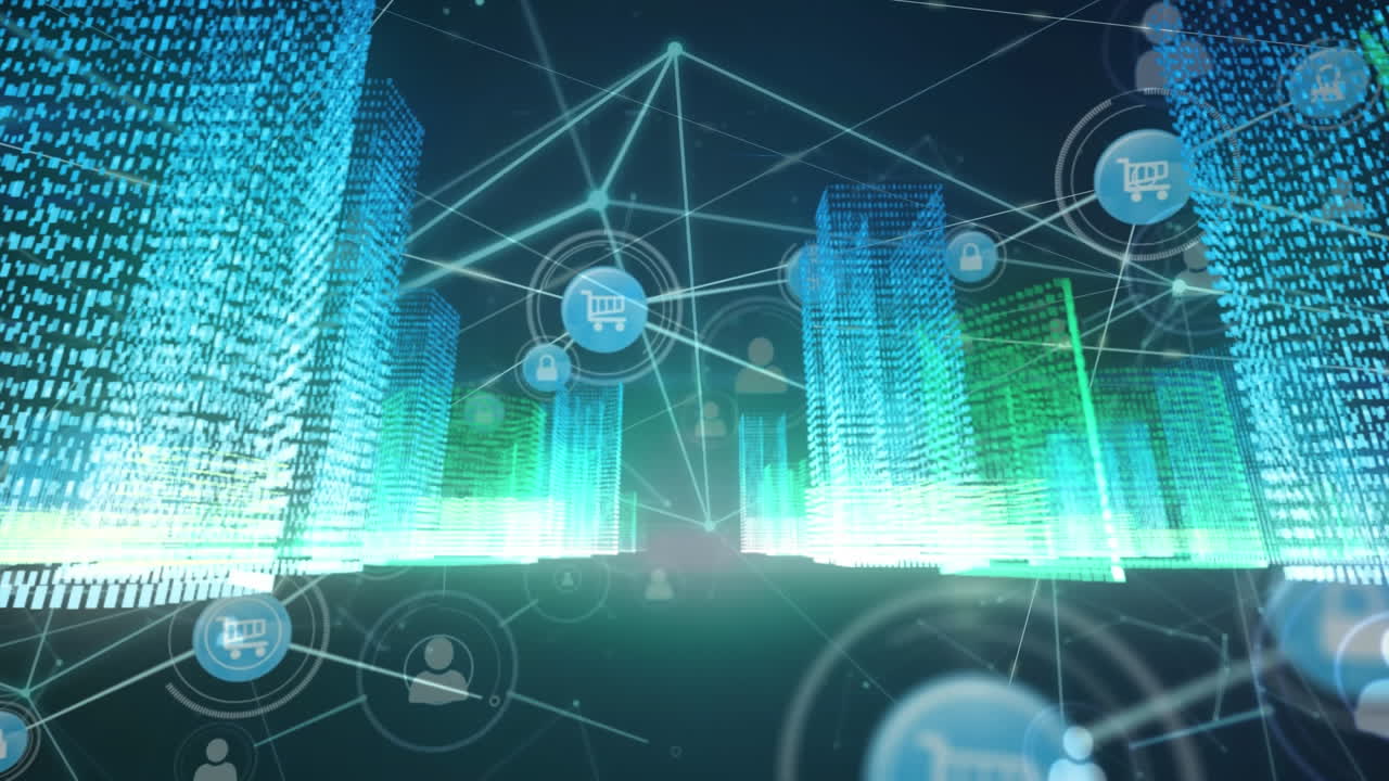 Animation eines Netzwerks digitaler Symbole über einem 3D leuchtenden Stadtmodell vor blauem Hintergrund.