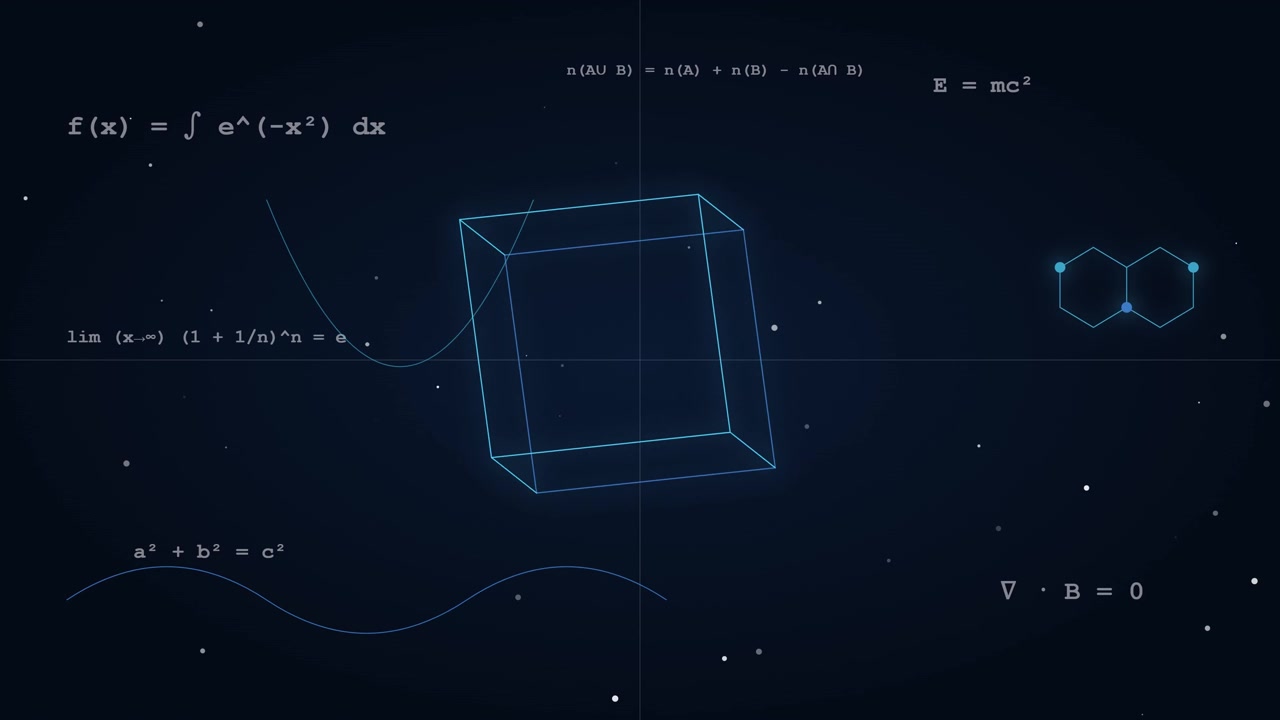 Rotating 3D Cube with Mathematical Formulas and Scientific Symbols