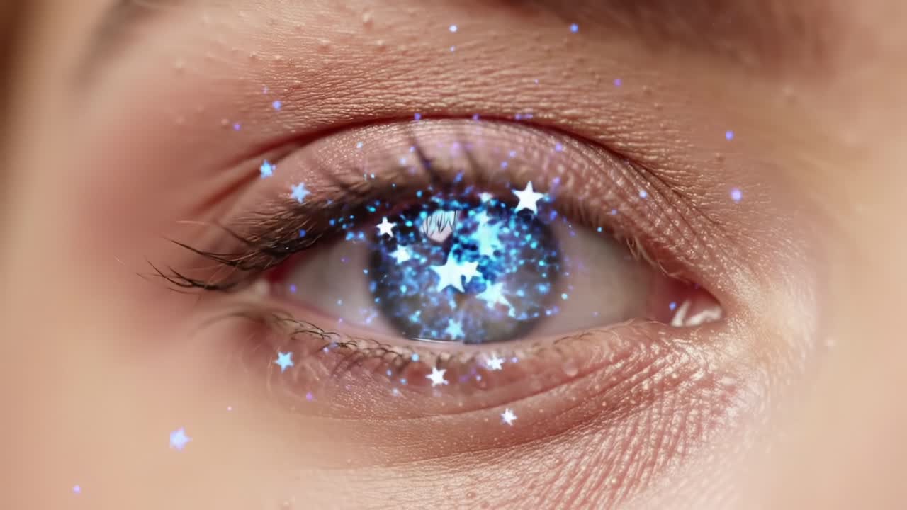 Transcendent Gaze: A Mesmerizing Close-Up of an Eye Sparkling with Ethereal Stars and Twinkling Lights Capturing the Essence of Wonder and Imagination